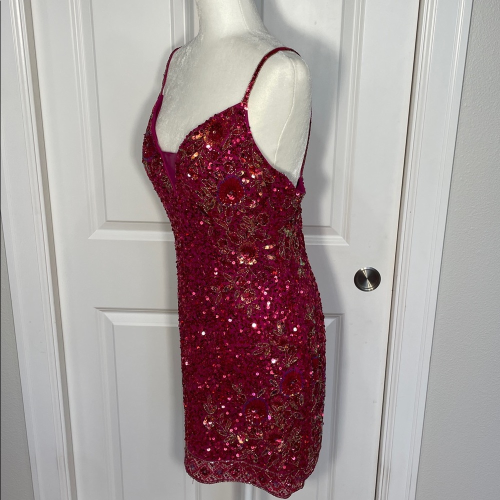 Rachel Allen Mini Sequins Dress Size 14 Magenta Sleeveless Formal Bridal Beaded - Picture 6 of 14